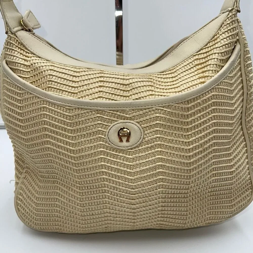 Etienne Aigner Vintage Cream Basket Weave Straw Handbag Neutral Purse